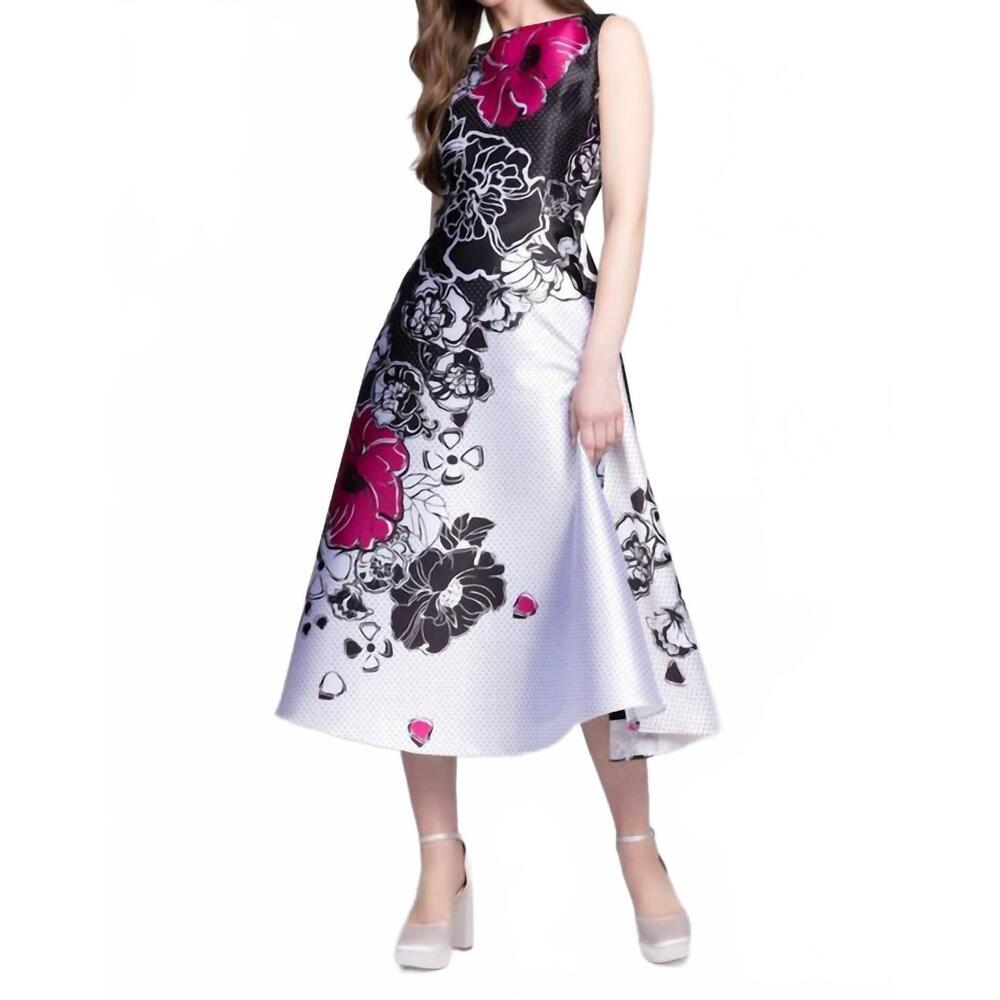 NEW MI JONG LEE silk dot and floral midi dress in black/white